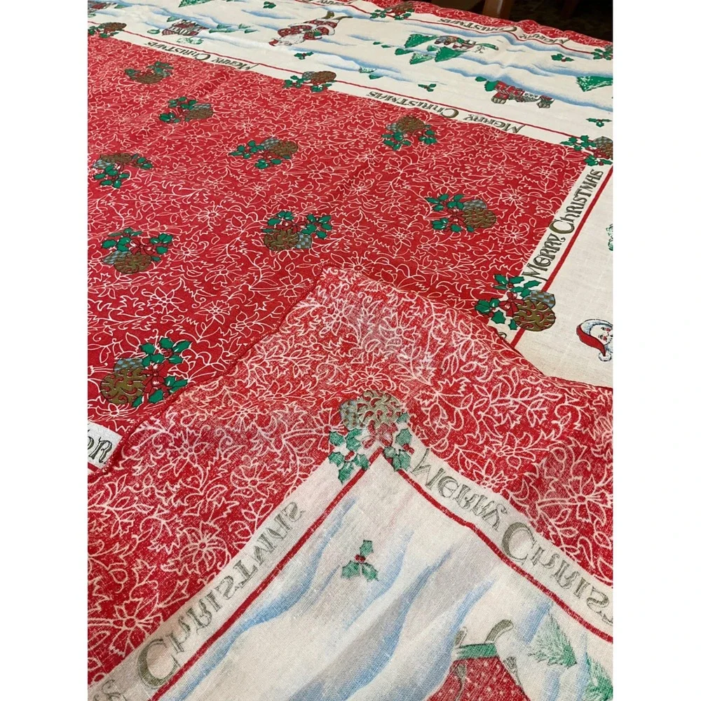 Vintage Christmas Seasonal Holiday Tablecloth Red Holly Rectangle Cottagecore